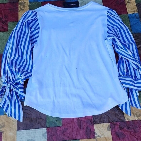 RTL $69 Tommy Hilfiger Long Blue Striped Puffy Sleeve White 100% Cotton SzL Top - Picture 5 of 9